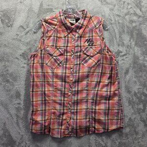 Harley Davidson Shirt Vest Women's XL Pink Plaid Sleeveless Embroidered Biker